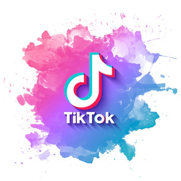 Vibrant watercolor splash background with TikTok logo, highlighting ScamTV's presence on the platform.